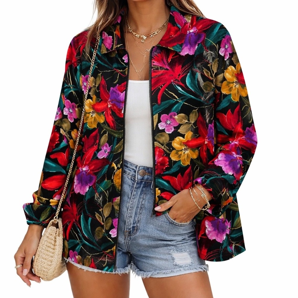 Caribou New York Womens Large Floral Zip Up Jacket Tropical Orchid Black Shacket